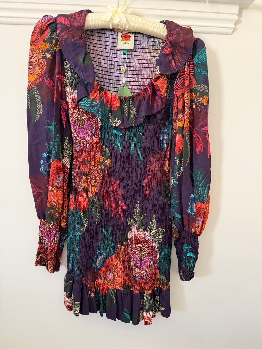 FARM Rio Purple Floral Long-Sleeve Smocked Mini Dress